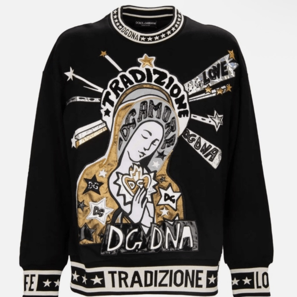 NWTs Dolce & Gabbana Baroque Maria Amore DG DNA Sweater Sweatshirt Black Gold